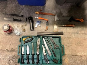 Some of the weapons including knives found in a tent by Vancouver Police at the Oppenheimer Park homeless camp before it was dismantled.