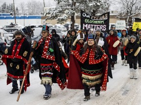 Wet'suwet'en Hereditary Chiefs from left, Rob Alfred, John Ridsdale, centre and Antoinette Austin, who oppose the Costal Gaslink pipeline take part in a rally in Smithers B.C., on Friday January 10, 2020. The Wet'suwet'en peoples are occupying their land and trying to prevent a pipeline from going through it.