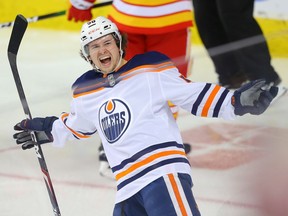 Edmonton Oilers' Kailer Yamamoto celebrates after a goal against David Rittich of the Calgary Flames in Calgary on Saturday, Feb. 1, 2020.