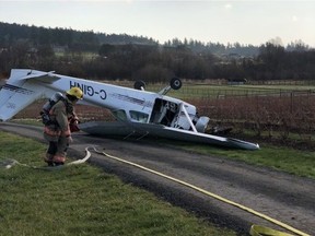 Two people were transported to hospital with minor injuries after the plane they were in crashed in Saanich Tuesday morning.