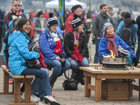 Hundreds of people take part in 10-year anniversary celebrations for the 2010 Winter Olympics, at Jack Poole Plaza in Vancouver, BC Saturday, February 22, 2020.