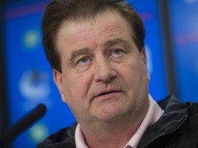 Vancouver, BC: SEPTEMBER 12, 2019 -- Canucks GM Jim Benning talks to the media at Rogers Arena Thursday, September 12, 2019.