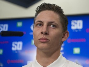 Canucks Troy Stecher speaks to the media at Rogers Arena September 12.