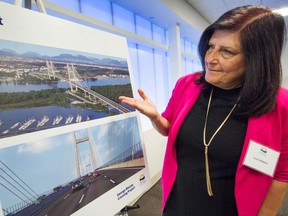 Lina  Halwani, director of planning and major projects for the Transportation Ministry at a public feedback session Feb. 5. She is explaining propositions for a new bridge or tunnel to replace the old Massey Tunnel.