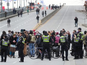 Anti-pipeline protesters block the Granville Bridge on Monday.