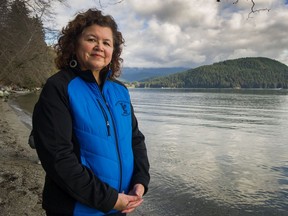 Chief Leah George-Wilson of the the Tsleil-Waututh Nation at Cates Park with Belcarra in the background, in North Vancouver on Feb. 17.