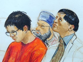 Courtroom sketch of Rocky Rambo Wei Nam Kam in orange.