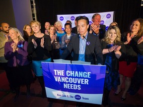 Ken Sim speaks following his mayoral loss at NPA HQ in 2018.