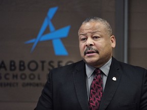 Abbotsford School District Superintendent Kevin Godden talks to the media in 2016. He collected a top salary in 2017/18.