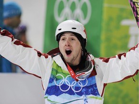 Canadian Alexandre Bilodeau reacts after winning the gold medal in the men's moguls freestyle skiing at the 2010 Winter Olympics on Cypress Mountain on Feb.14, 2010.