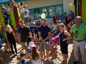 Stan Watchorn (far right), principal at Kent elementary school in Agassiz, with Johanna and Henrik Sedin, and Daniel and Marinette Sedin (in front left to right), at the opening of the school's new playground in the fall of 2014, thanks to a $50,000 grant from the Sedin Family Foundation. ‘The really cool part, the part I really love, the Sedins came out with their wives and had a ribbon-cutting ceremony,’ recalls Watchorn. ‘Every person felt special because of how the twins and their wives treated them.’