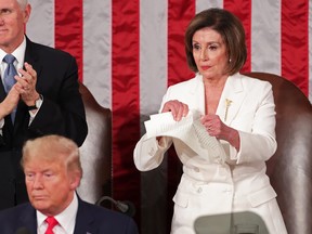 Speaker of the House Nancy Pelosi (D-CA) rips up U.S. President Donald Trump's State of the Union speech after his address to a joint session of the U.S. Congress, Feb. 4, 2020.