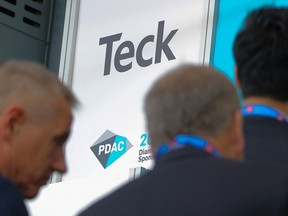 Visitors pass a logo of Teck Resources Ltd. during the Prospectors and Developers Association of Canada (PDAC) annual convention in Toronto on March 4, 2019.