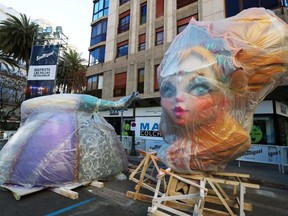Decorations for the Fallas festival remain in their packaging, as the event has been postponed until July.
