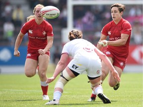 Ghislaine Landry of Canada passes the ball during the Cup semifinal between Canada and the U.S. at the women's rugby sevens on April 21, 2019, in Kitakyushu, Fukuoka, Japan.