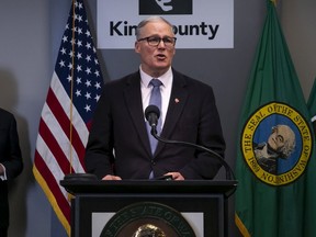 Washington Gov. Jay Inslee at a Seattle press conference on the coronavirus outbreak in the state on March 16, 2020.