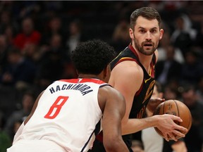 Kevin Love of the Cleveland Cavaliers, defended by Rui Hachimura of the Washington Wizards in NBA action last month, has pledged US$100K to arena workers at the Rocket Mortgage FieldHouse, home of the Cavaliers, during the NBA work stoppage due to the Coronavirus.