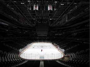 Sam Hess, Operations with Monumental Sports & Entertainment, skates alone prior Detroit Red Wings playing against the Washington Capitals at Capital One Arena on March 12, 2020 in Washington, DC. Today the NHL announced is has suspended their season due to the uncertainty of the coronavirus (COVID-19) with hopes of returning. The NHL currently joins the NBA, MLS, as well as, other sporting events and leagues around the world suspending play because of the coronavirus outbreak.