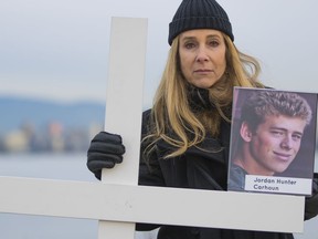 Sharene Shuster's son, Jordan Hunter Carhoun, died of a fentanyl overdose in August 2018. She was one of more than 50 mothers who marked their children's death at Vancouver's Jericho Beach in November.