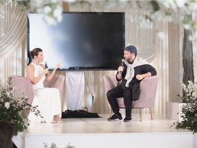 Erin Cebula and Dennis Gocer of The Collective You speak during the FLEUR Luxury Wedding Show and Forum at the JW Marriott Parq Vancouver.