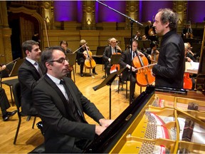 Piano soloist Saleem Ashkar and VSO music director Otto Tausk, before the start of the performance of Beethoven's Piano Concerto No. 4 in an empty Orpheum because of COVID-19 restrictions on March 15, 2020.