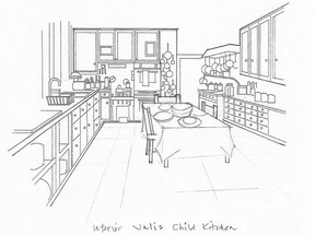An artist's rendering of Julia Child's kitchen from The Kitchen by John Ota.