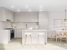A rendering of a kitchen plan for The Hillcrest development in Vancouver. The kitchens will be equipped with a premium Bosch appliance package with a 30-inch integrated fridge, 30-inch five-burner gas cooktop, 30-inch wall oven and a 24-inch integrated dishwasher.