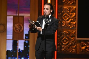 Lin-Manuel Miranda receives the Best Book of a Musical award for Hamilton in 2016.