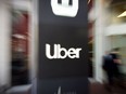 An Uber logo outside the company's headquarters in San Francisco.