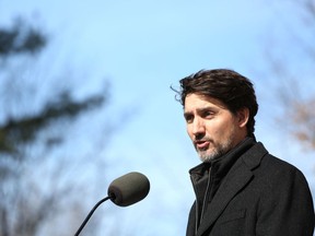 Prime Minister Justin Trudeau speaks during a news conference on COVID-19 situation in Canada from his residence on March 16, 2020 in Ottawa.