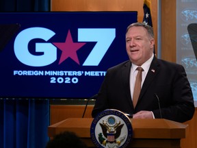 U.S. Secretary of State Mike Pompeo speaks during a press conference at the State Department in Washington, DC, on March 25, 2020.