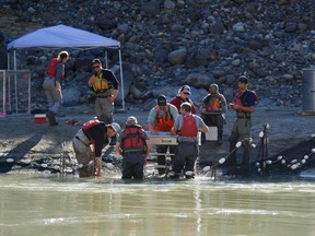 Shoreline area where salmon are measured and tagged. Work at the slide side where crews are trying find ways to provide a safe passage for fish. The massive Big Bar slide narrowed the Fraser River, creating a five-metre drop that is blocking migrating salmon.