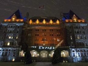 The historic Empress hotel in downtown Victoria, B.C. is shown on Jan. 16, 2012. Staff have served strike notice at the Fairmont Empress, a well-known hotel and landmark in Victoria. A statement from Unifor Local 4276 says almost 500 workers are affected in several departments from guest relations, housekeeping and culinary to groundskeeping and maintenance. Strike notice expires at 8 a.m. Saturday.