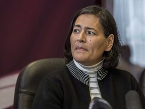 Missing and Murdered Indigenous Women Girls Commissioner Michele Audette speaks during a press conference at the Manitoba Keewatinowi Okimakanak office in Winnipeg on Tuesday, Oct. 2, 2018. Audette feels disappointed when she looks online and sees a barrage of racist and violent threats towards Indigenous women.