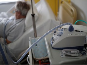 A nasal ventilator is pictured as a patient suffering from coronavirus disease (COVID-19) is treated in a pulmonology unit at the hospital in Vannes, France, March 20, 2020.