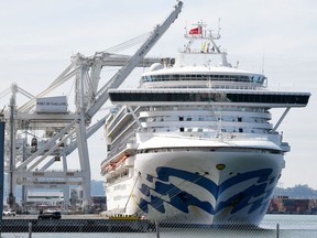 The Grand Princess cruise ship carrying passengers who have tested positive for coronavirus is seen docked at the Port of Oakland.