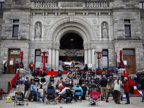 Wet'suwet'en supporters and Coastal GasLink opponents  protest outside the B.C. legislature last month.