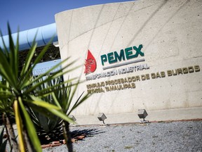 The logo of Mexican oil company Pemex at Reynosa refinery, in Tamaulipas state, Mexico.