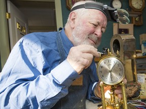 Ray Saunders at work in Richmond this week. Saunders, who is recovering from a fall in September, will be supervising the resetting of time on public clocks this weekend, and not climbing any ladders. ‘He’s a wonderful young man, 27 years old, and eager to learn the trade,’ Saunders say of his apprentice — and ladder climber — Dylan Scott.