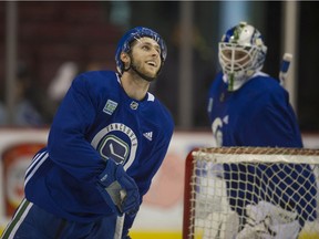 Vancouver Canucks' Guillaume Brisebois at a team practice in March 2019.