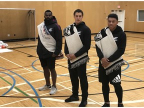 New Zealand All Blacks took part in a cultural exchange with the Musqueam nation on Tuesday. The All Blacks rugby team is in Vancouver for this weekend's HSBC Canada Sevens at B.C. Place Stadium. All Blacks from the left are: Joe Ravouvou, William Warwick and Caleb Clarke.