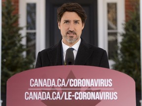 Prime Minister Justin Trudeau addresses Canadians on the COVID-19 pandemic from Rideau Cottage in Ottawa on Friday, March 27, 2020.