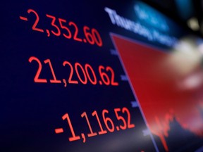 A price screen display above the floor of the New York Stock Exchange (NYSE) after the close of trading in New York, U.S., March 12, 2020.