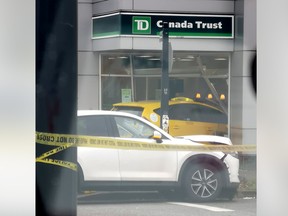 A Yellow Cab taxi crashed through the front entrance of the TD Canada Trust branch at Granville and 64th Avenue.