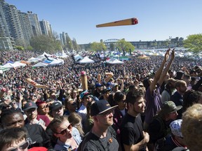 An inflatable joint floats over the 4/20 celebrations at Sunset Beach, Vancouver April 20 2019.