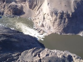 An aerial shot of the slide site showing current river flow post-blasting on March 5, 2020.