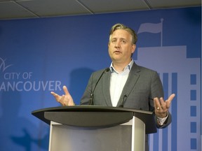 Vancouver Mayor Kennedy Stewart speaking at city hall on April 15, 2020.