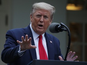 U.S. President Donald Trump speaks during the daily briefing of the White House Coronavirus Task Force at the White House in Washington, D.C., on April 14.
