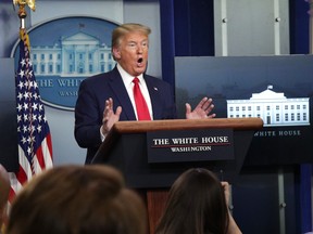U.S. President Donald Trump speaks as during the daily coronavirus briefing at the White House April 20, 2020 in Washington, D.C.