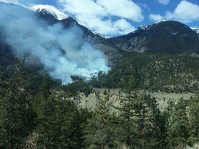 This photo, taken Sunday, April 12, shows a brush fire located 17 kilometres north of Lytton. The BC Wildfire Service reported six crew members were on site working to construct handguard along the southern flank of the fire. This fire was approximately 10 hectares in size as of April 12.